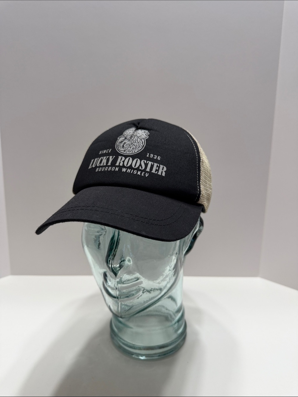 Lucky Rooster Bourbon Whisky Trucker Hat - Black with Beige Mesh